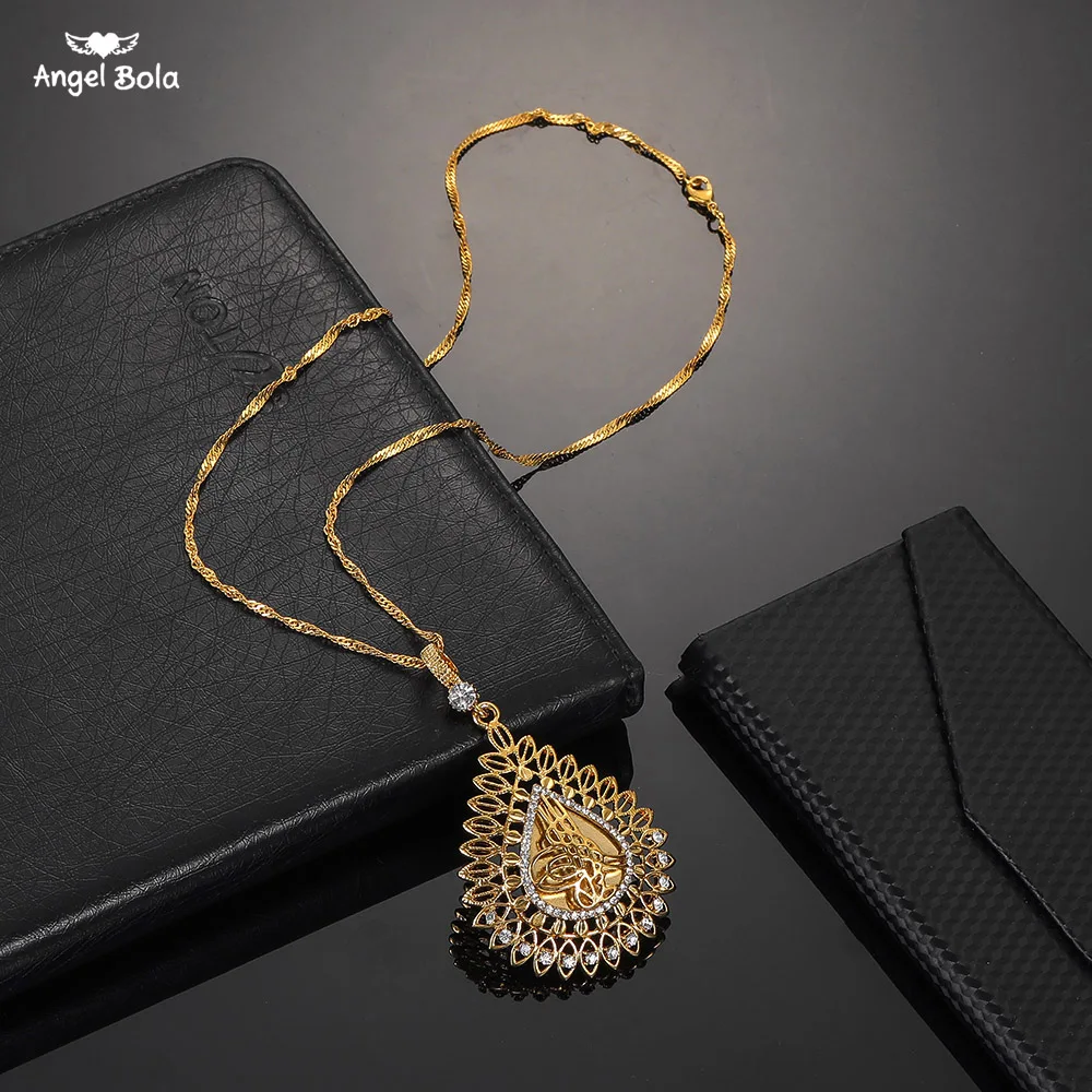 

Osmanli Turklerin Pendant Rhinestone Turkey Coin Allah Necklace for Women Gold Color Arab Coins Muslim Islam Jewelry Wholesale