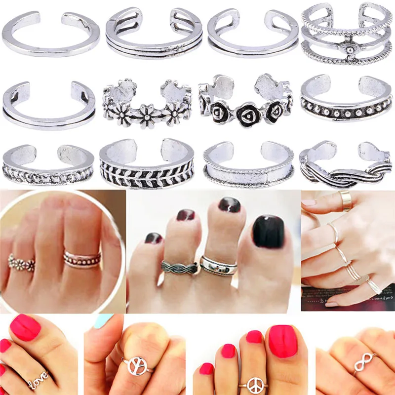 

12 Pcs/Set Boho Mix Toe Ring Set Retro Carved Flower Adjustable Toe Foot Rings for Women Open Finger Jewelry Totem Z574
