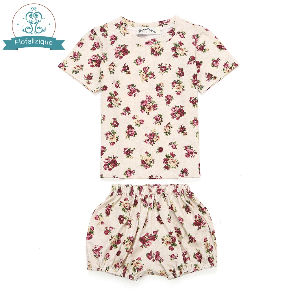 Kids Summer Pajamas Set Short Sleeve 100 Cotton Rose floral Printed