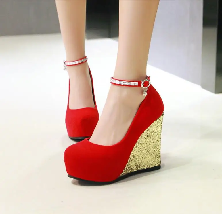 White wedding shoe slope and water drill red wedding word buckle waterproof platform super high heels