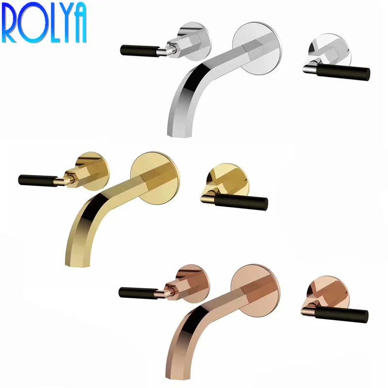 

ROLYA Double Handles Wall Mounted Basin Faucet Bathroom Sink Mixer Hot and Cold Tap Rose Golden/Chrome