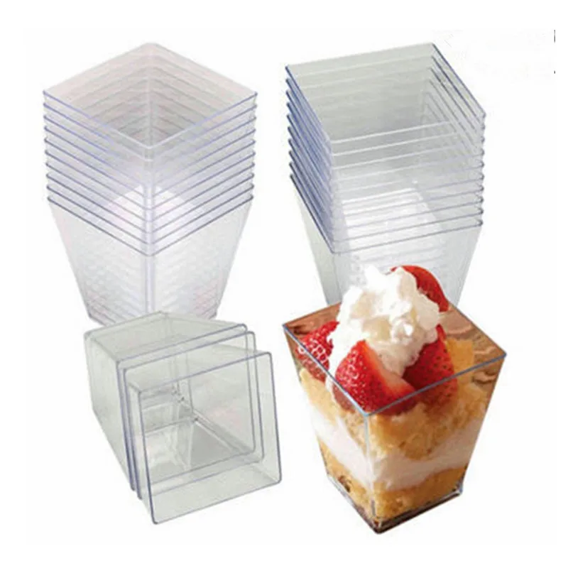 

50 Pcs/Set Dessert Cups Disposable Mousses Cup Clear Pudding Cup Party Accessories Tasting Square Bowls Parfait Cups for Wedding
