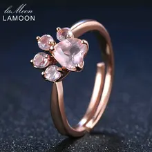 LAMOON Rings Shadow Bear’s Paw Natural Pink Rose Quartz Ring 925 Sterling Silver Fine Jewelry Romantic Wedding Bands Anillos New