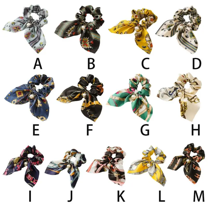 

13 Styles Women Luxury Faux Pearl Pendant Hair Rope Retro Boho Chain Patterns Printed Ponytail Holder Large Bowknot Stretch Larg