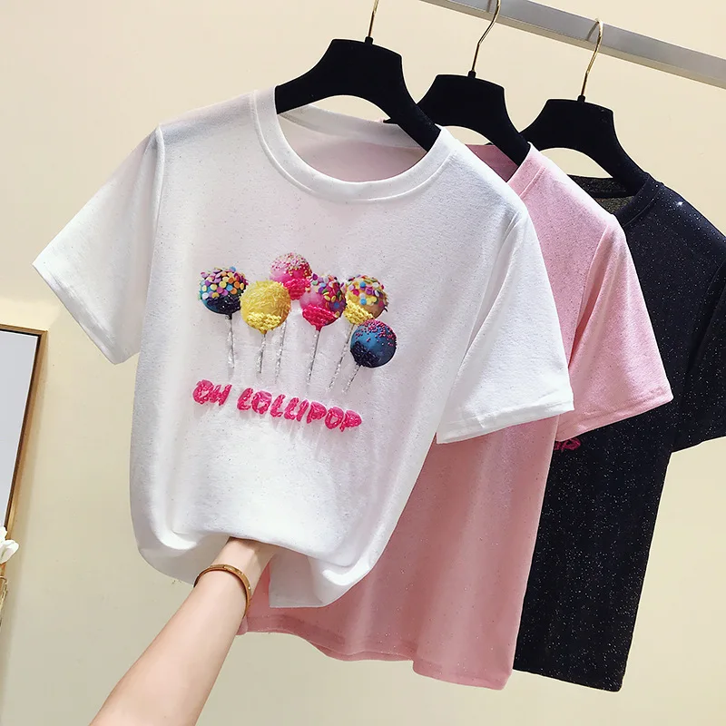 

2019 Summer Loose Bright Silk Nail Bead Colorful Balloon Round Collar Pullover Short Sleeve T-shirt Women Clothing