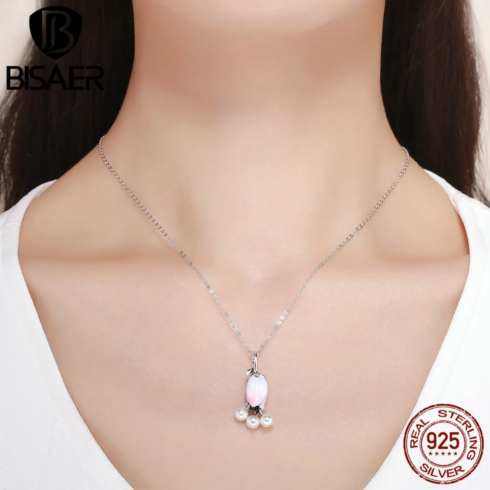 

BISAER Real 925 Sterling Silver Pink Gradient Fascinating Convallaria Flower Pendant Necklace for Women FChian Necklace HSN229