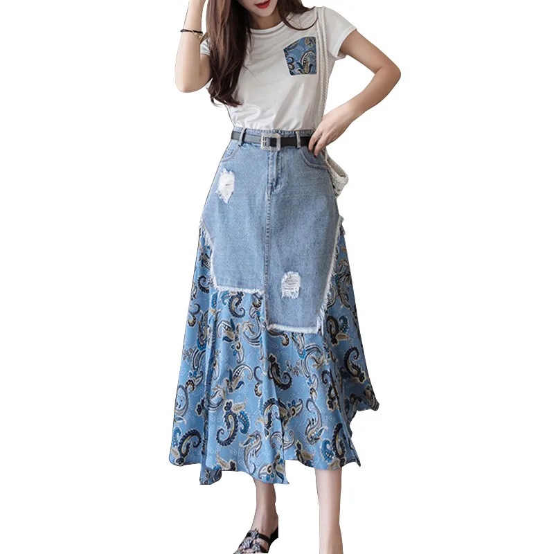 Trytree Summer Women two piece set Casual O-Neck Tops+ Skirt Demin Patchwork Print Hem Belt Pocket Suit Office Lady 2 Piece Set