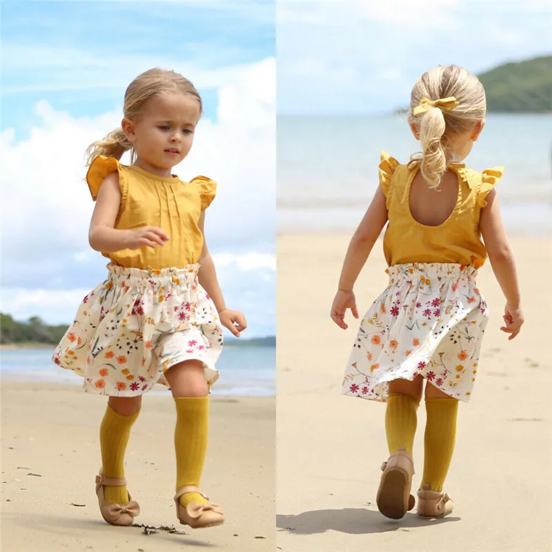 Повседневная одежда для маленьких девочек; комплект одежды с рукавами-крылышками; топы желтого цвета с оборками+ юбка с цветочным рисунком комплект детской одежды из 2 предметов