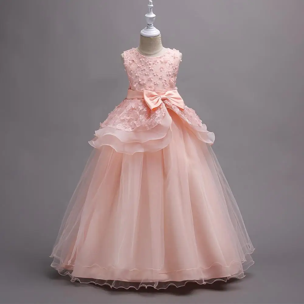 

Girls Princess Wedding Full Dresses Appliques Floor-length Party Frocks vestidos infantil costumes For 6 8 10 12 14 16 Years