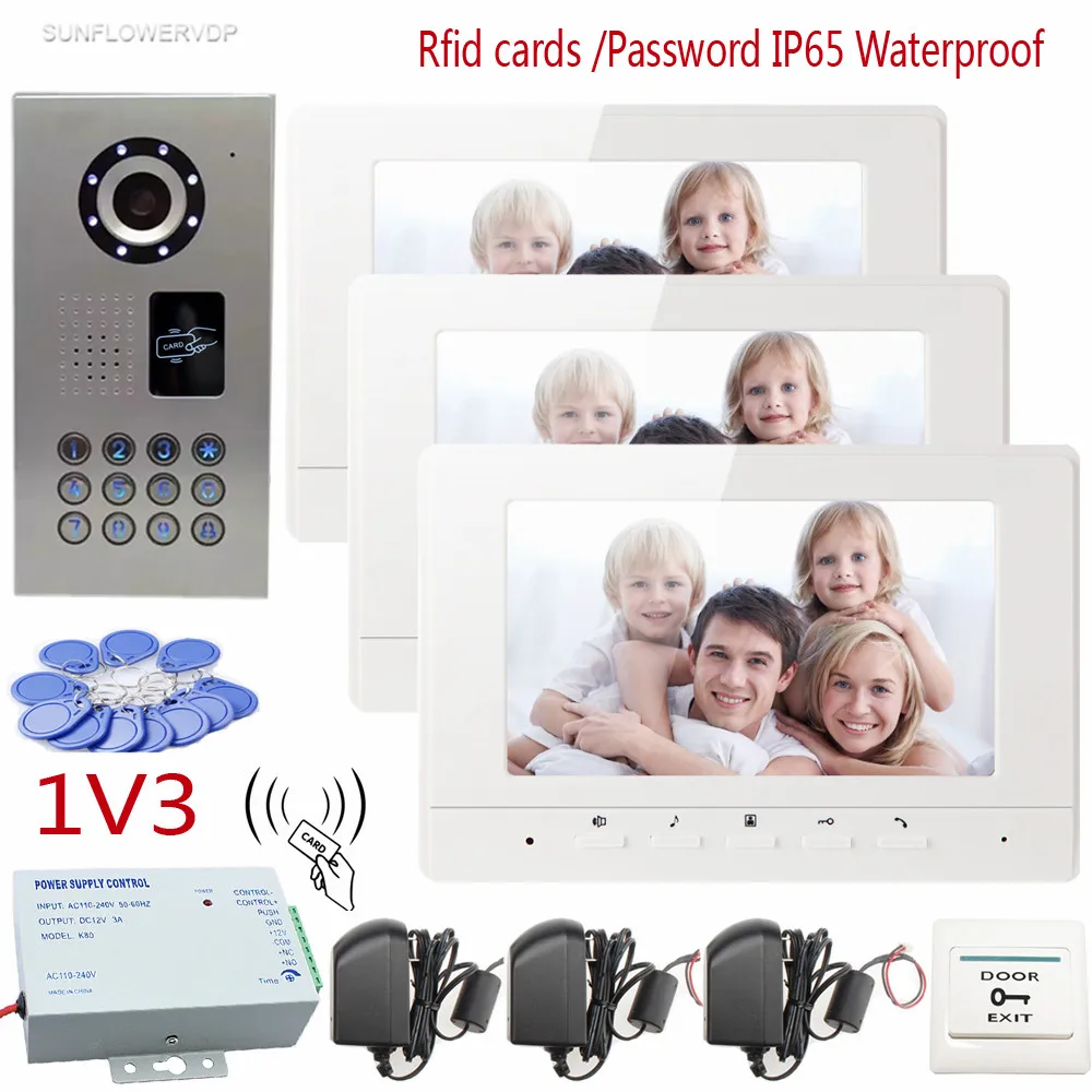 

Rfid Keyboard IP65 Waterproof Video Doorphone Intercom System For 3 Apartments With 7" Color LCD Video Intercom System In Stock