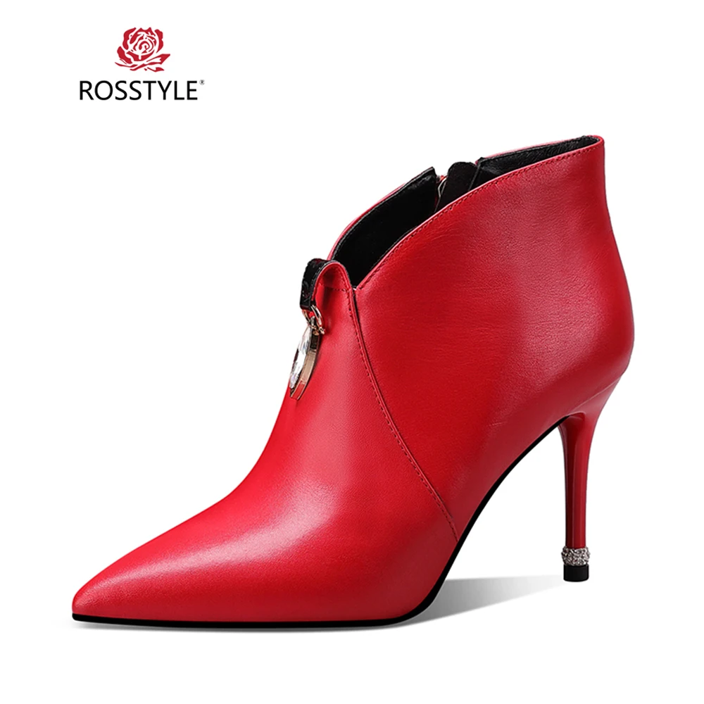 

ROSSTYLE Fashion Lady Winter Ankle Boot Comfortable Genuine Leather Solid Short Boot Vintage Pointed Toe High Heel Soft Boot B50