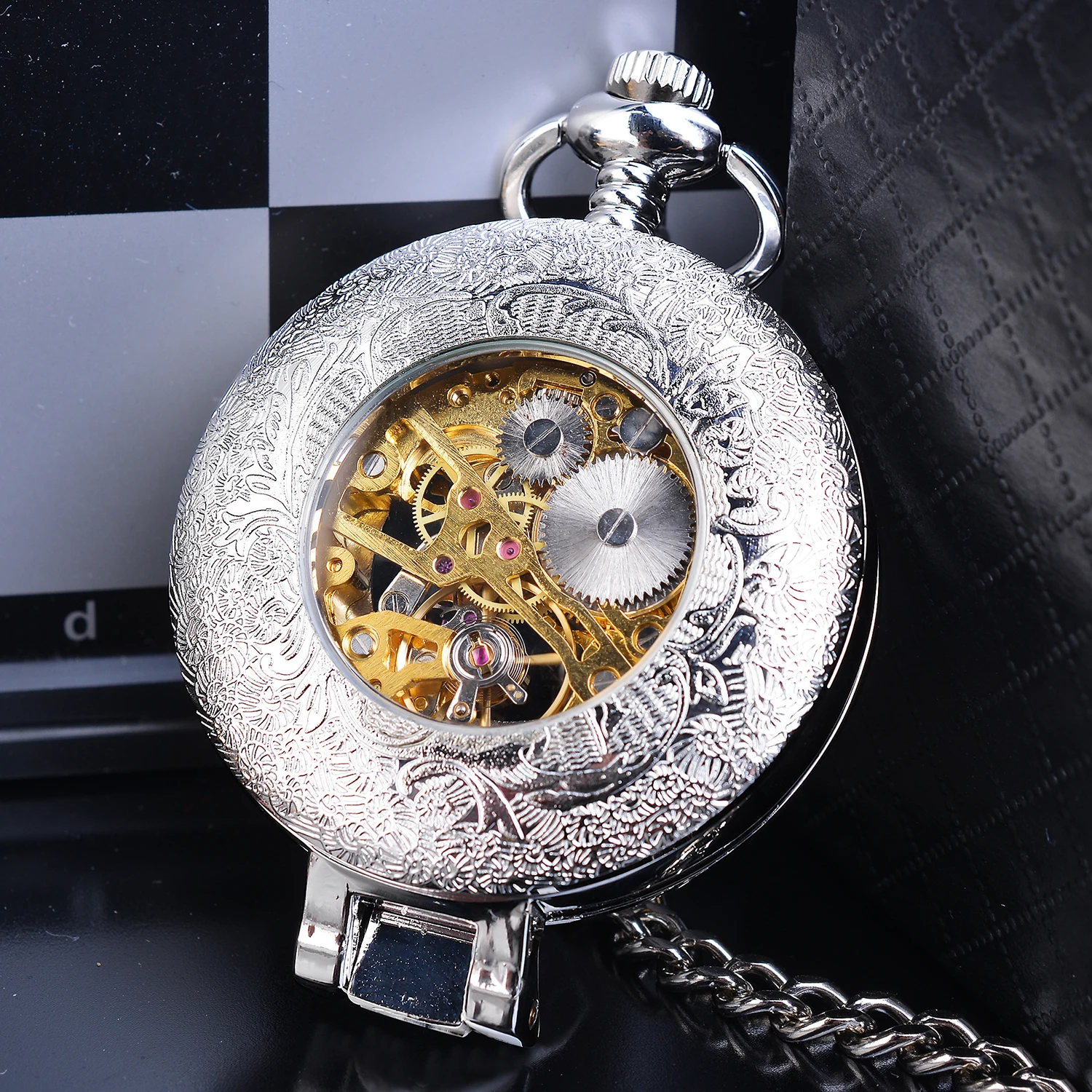 Silver Steampunk Stand Case New Design Clock Mechanical Men Pocket Watch Transparent Skeleton Back Roman Numerals With FOB Chain