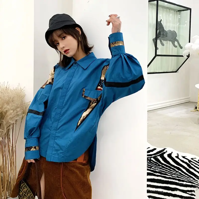  Cheerart Vintage Womens Tops And Blouses Pop Patchwork Blue Oversized Shirt Long Sleeve Loose Blous