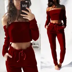 Для женщин кроп Блуза Топ Брюки для девочек из двух частей Playsuit боди комбинезон комплект Для женщин с плеча Комбинезоны для женщин