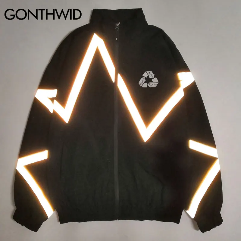 GONTHWID 3M Reflective Striped Zip Up Windbreaker Track Jackets Men Hip Hop Casual Outwear Jacket Coats Male Fashion Tops