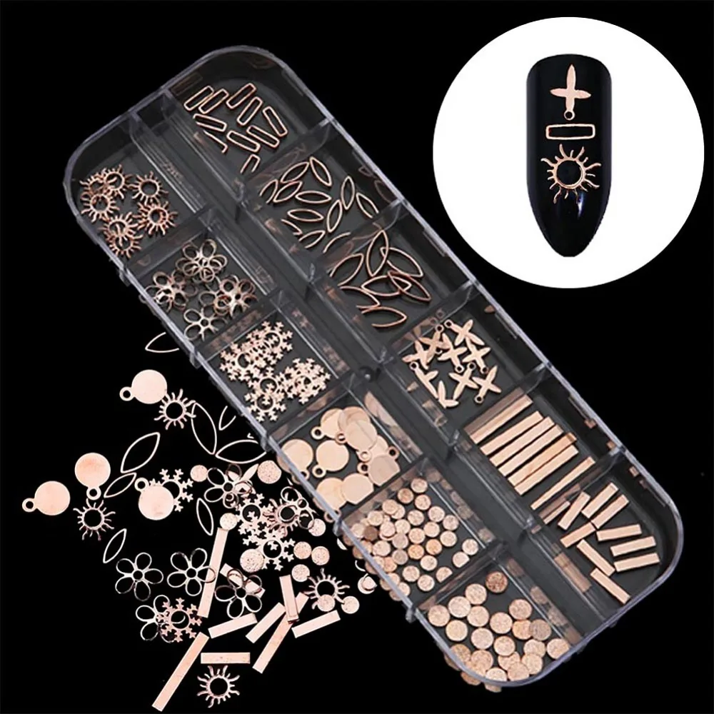 

1 Box 3D Rose Gold Hollow Metal Nail Studs Cross Square Sun Flower DIY Nail Art UV Gel Nail Polish Decorations #288258
