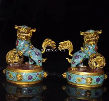 

pair 9'' bronze gild cloisonne enamel home fengshui fortune beast foo dog lion