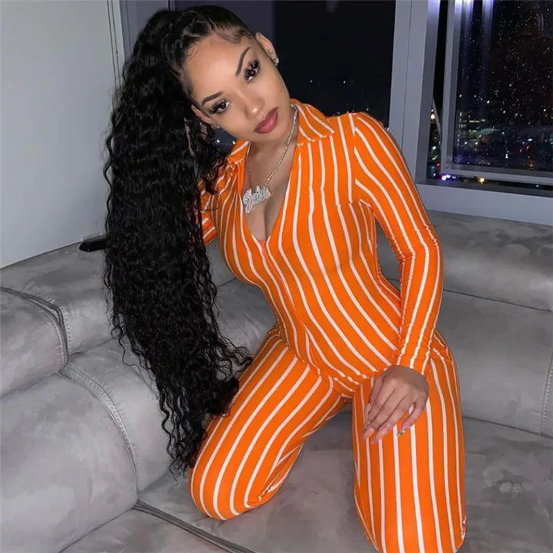

Sexy bodysuit tracksuit rompers womens jumpsuit long sleeve skinny striped print slim Deep V-neck overalls combinaison femme