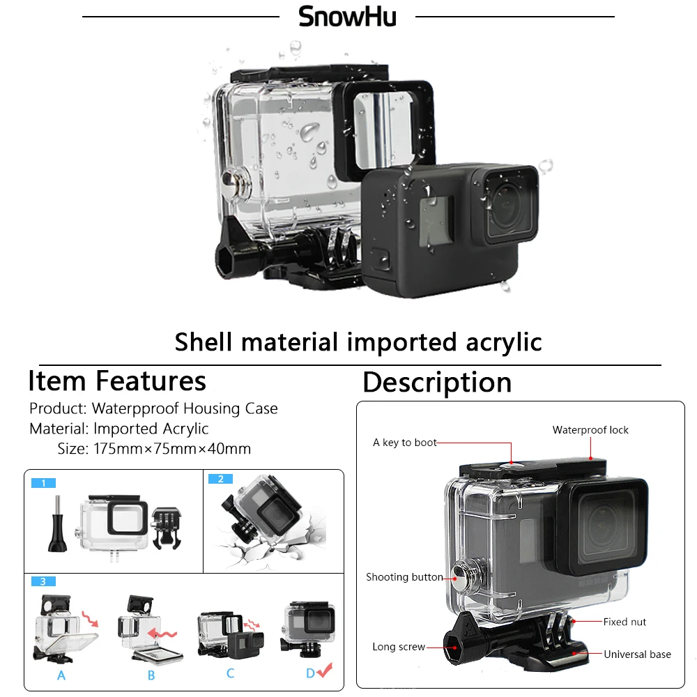 Baratos SnowHu para Gopro accesorios Set para Gopro hero 8 7 6 5 funda impermeable marco de protección monopod para Go pro 7 6 gopro 8 GS73