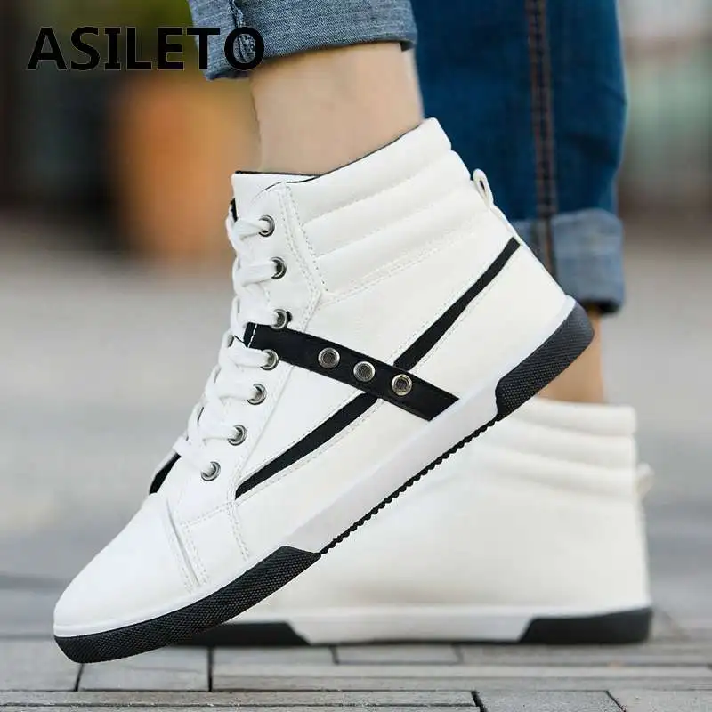 

ASILETO big size 40-45 women leather sneakers platform rivets cross-tied high top vulcanized shoes men trainers chaussures femme