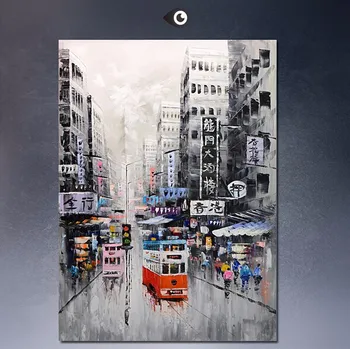 

T-33 Free shipping High Quality abstract knife painting- Hong Kong street 100% hand painted on canvas no framed