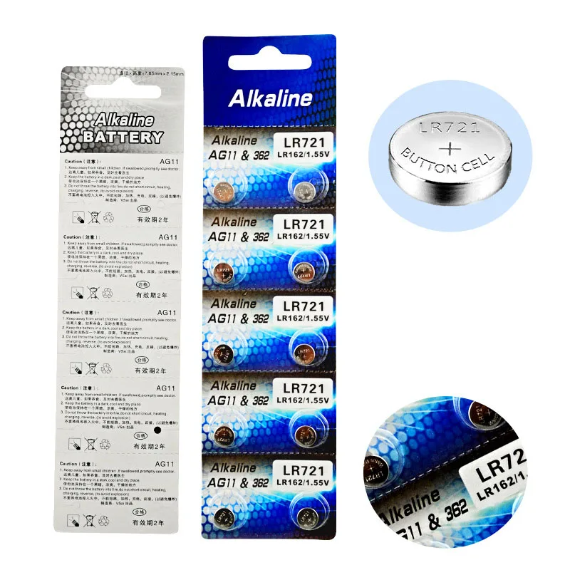 10 шт./лот 1 карты AG11 кнопки батареи для монет LR721 G11 LR58 162 GP62A 362 SR721W 5 V щелочные часы