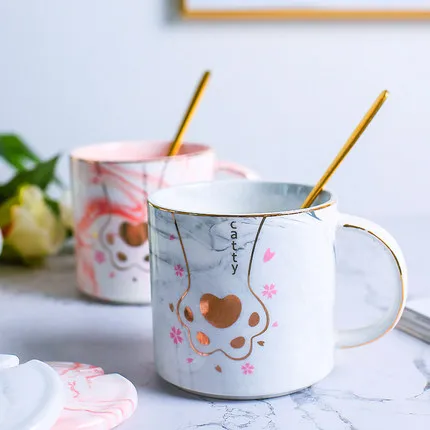

Creative cat claw painted ceramic cup with lid spoon marble pattern couples mug afternoon scented tea cup coffee porcelain cup