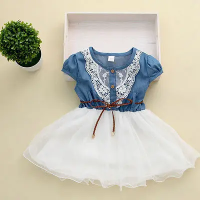 

2015 Princess Girls Baby Kids Party Lace Dress With Leather Belt Denim Tops Tulle Gown Dresses 1-6Y
