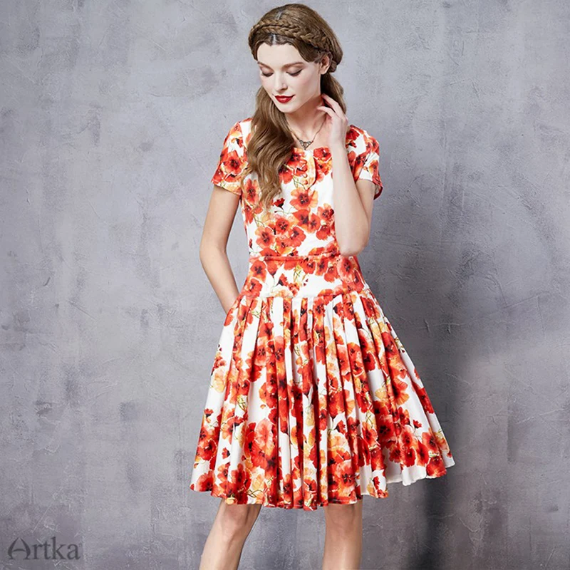 ARTKA Summer Women Floral Print Dresses O-Neck Short Sleeve Dress A-line Pleated LA10067C | Женская одежда