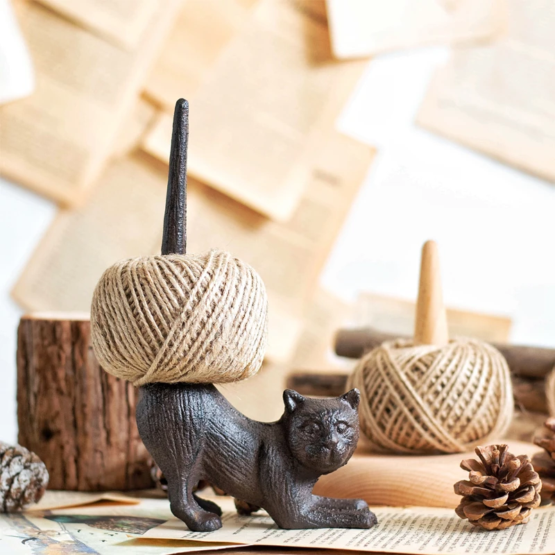 

Vintage Cast Iron Cat Figure Hemp Rope Holder Animal Napkin Tissue Paper Holder