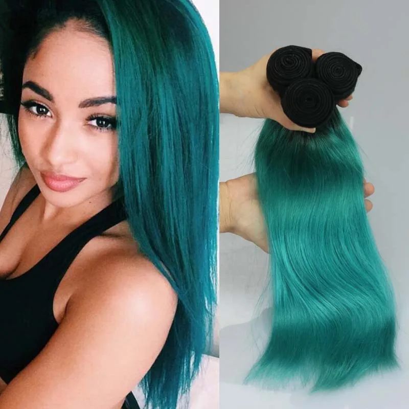 7A Peruvian Ombre Hair Extensions Straight Blue Green Human Hair Weave