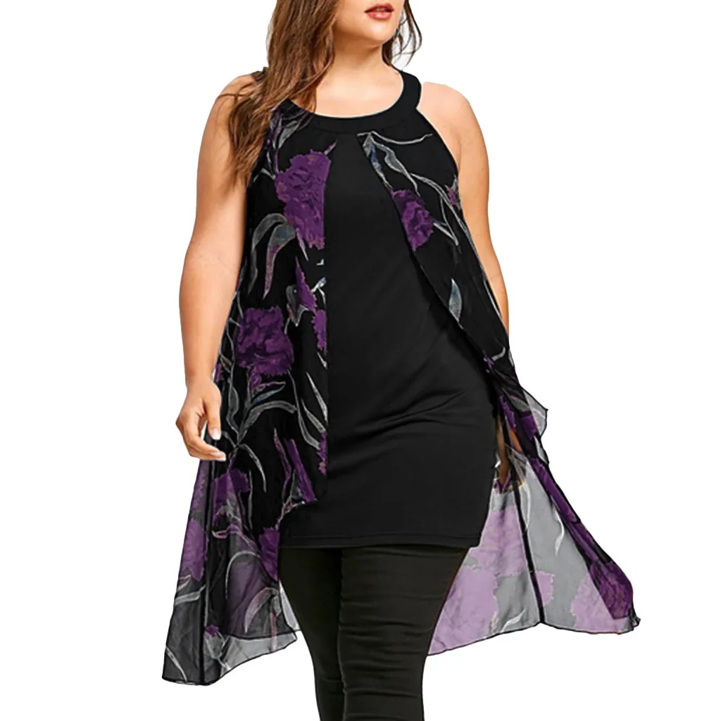 

boho floral dress women chiffon long maxi dress Printed Insert Layered High Sleeveless Plus Size dresses sukienka vestidos#G8