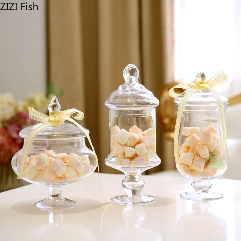

18cm European Style Transparent Glass Candy Jar with Glass Cover Wedding Dessert Display Stand Home Candy Storage Tank