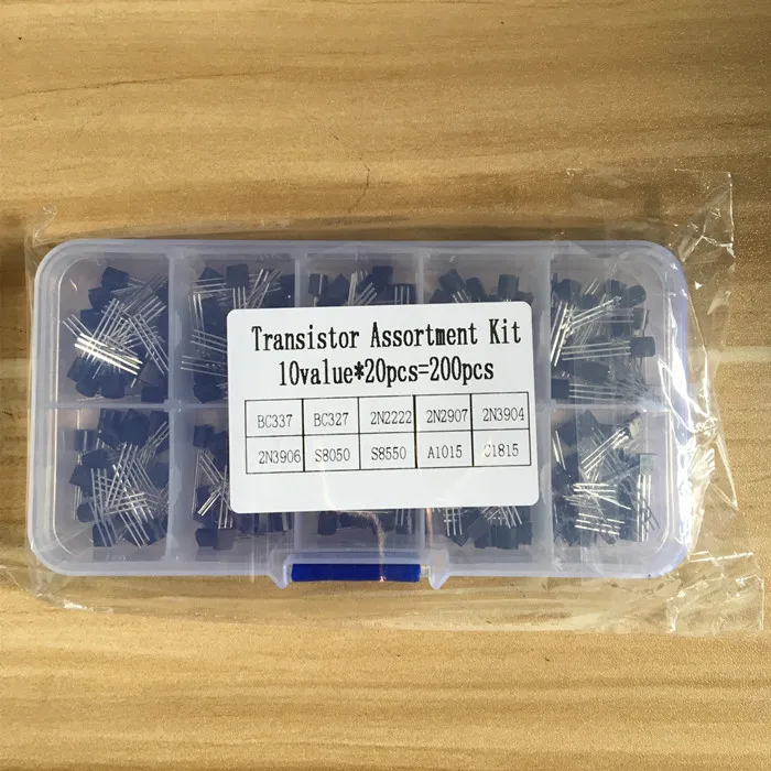 

BC337 BC327 2N2222 2N2907 2N3904 2N3906 S8050 S8550 A1015 C1815 Transistor Assortment Kit 10value= 200PCS,Transistors + Box Pack