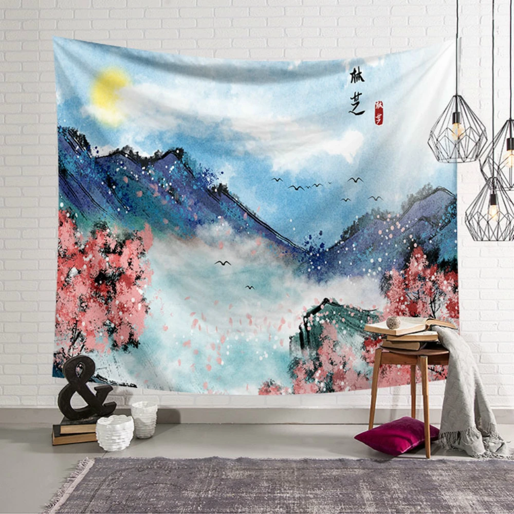 

Chinese style Tapestry landscape flowers and birds painting Printed Macrame Wall Hanging Tapestry Polyester Picnic Blanket