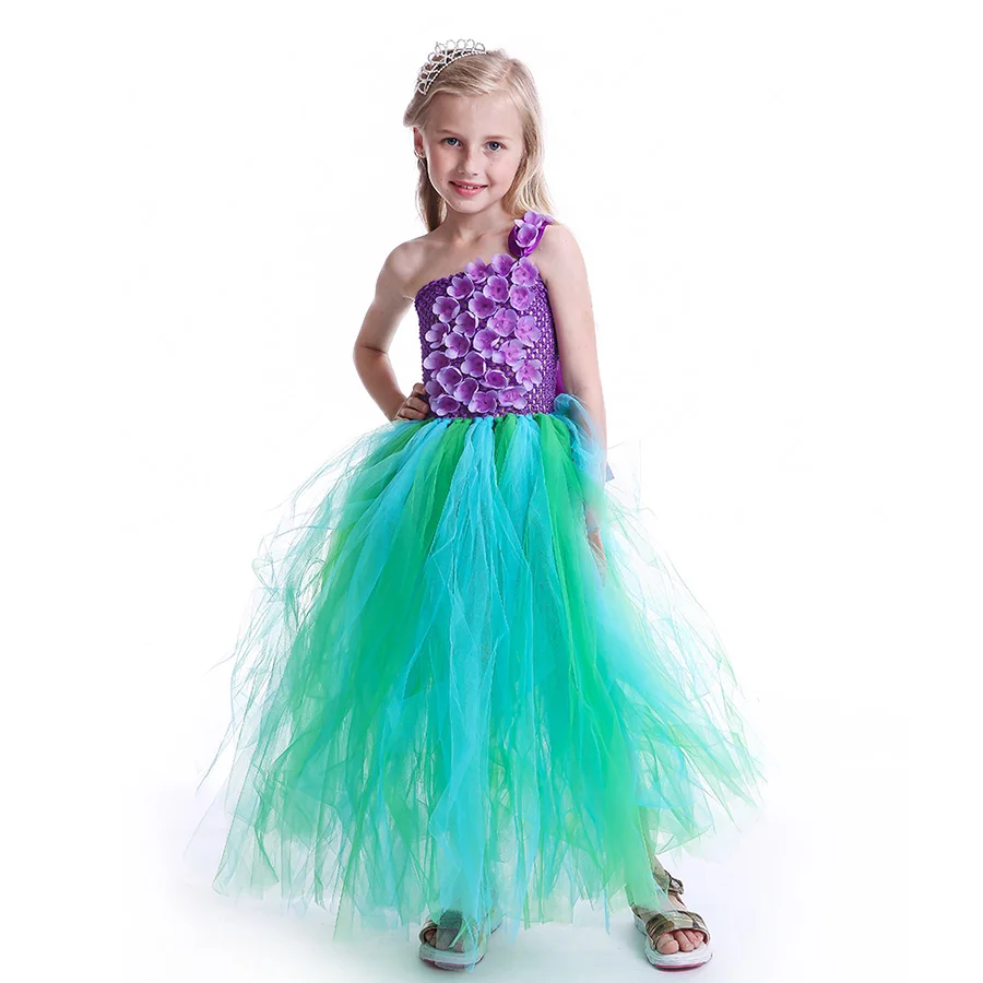 Mermaid Kids Princess Tutu Dress Purple Flowers Green Tulle Baby Girls (1)