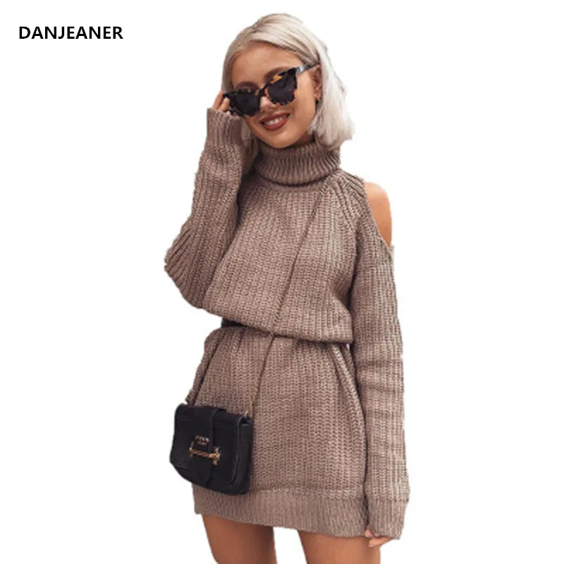 

Danjeaner Autumn Winter Turtleneck Off Shoulder Sweater Dress Women Plus Size Solid Knitted Pullovers Streetwear Winter Clothes