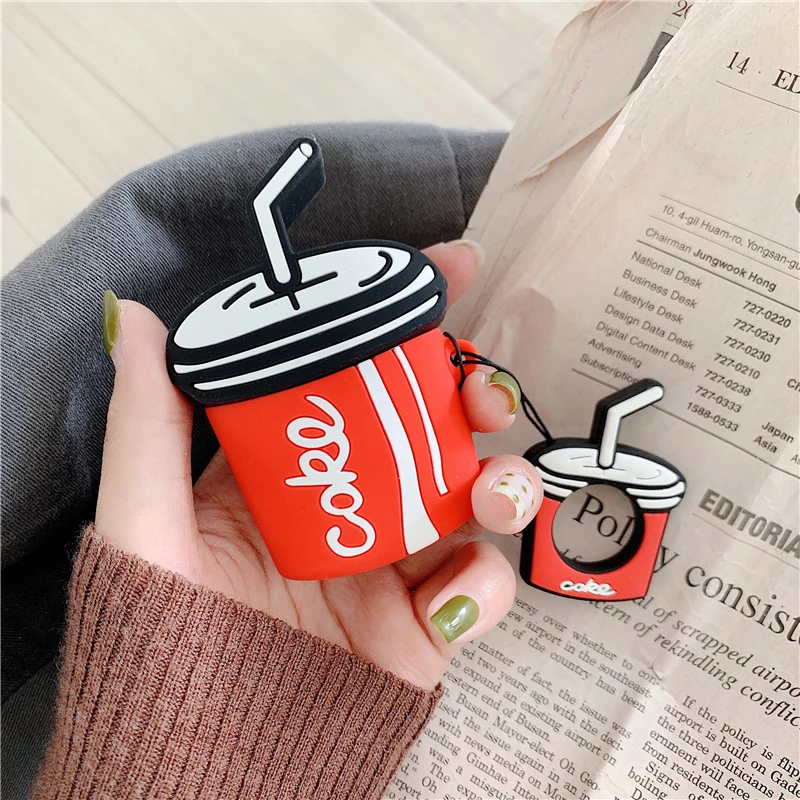 

For AirPods Case Cute Cartoon Coke Pattern Earphone Cases For Apple Airpods 2 Cover Funda with Finger Ring Strap