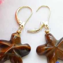 Xiuli 00216 Ручной резной 20 мм звезда желтый тигровый глаз мотаться Серьги 14KGP