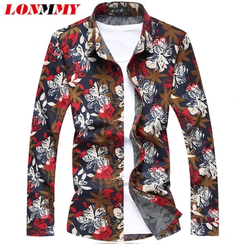 

LONMMY 6XL 7XL Shirts men dress Long sleeve Flower fashion Camisa masculina Mens shirts casual slim fit Floral New 2018 Spring