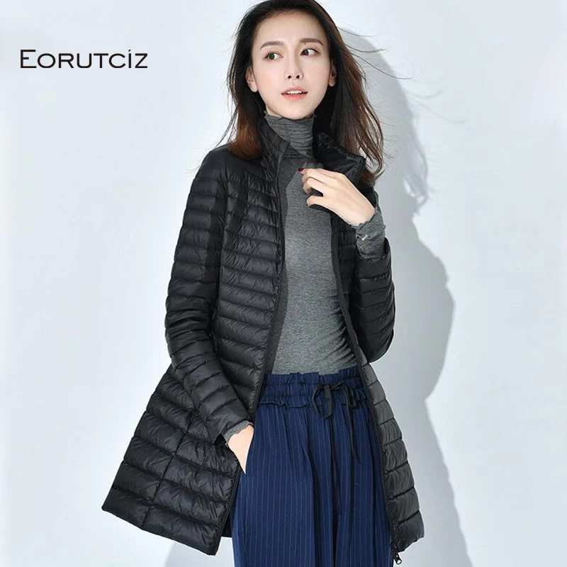 EORUTCIZ зимнее длинное пуховое пальто женское плюс размер 4XL ультра легкая куртка тонкая теплая винтажная черная Осенняя пуховая куртка LM184