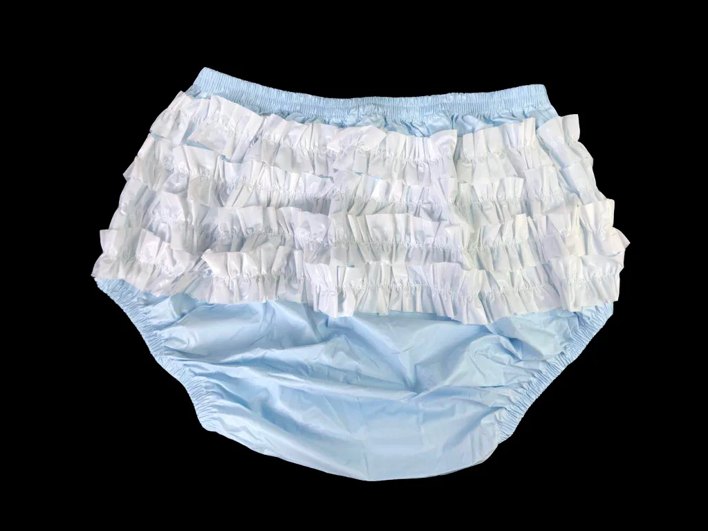 

Haian Adult Frilly Plastic Rumba Incontinence Pull-on Plastic Pants Color Baby Blue With White Frilly