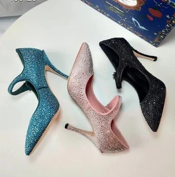 

fashion woman rhinestones pointed toe high heel dress shoes blue pink black color