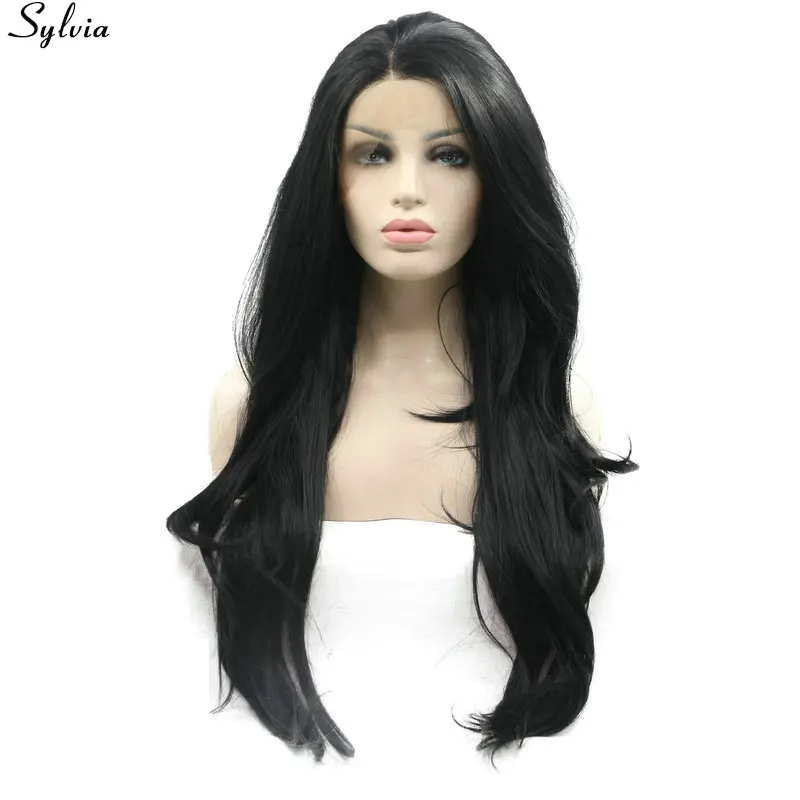 Natural Hairline Glueless Heat Resistant Fiber Hair Wigs for Women Swiss Long Black 1# Body Wave Synthetic Lace Front Wig (2)
