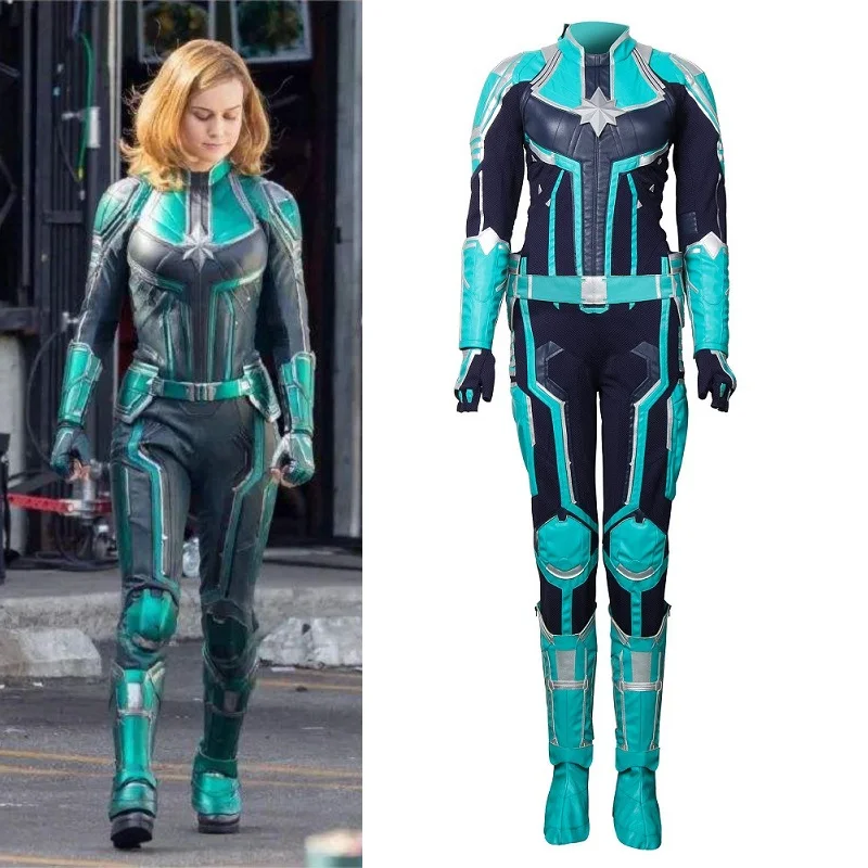 

Captain Marvel Jumpsuit Carol Danvers Cosplay Costume Set 2019 Superhero Cosplay One piece Bodysuit Barcer Gloves Belt