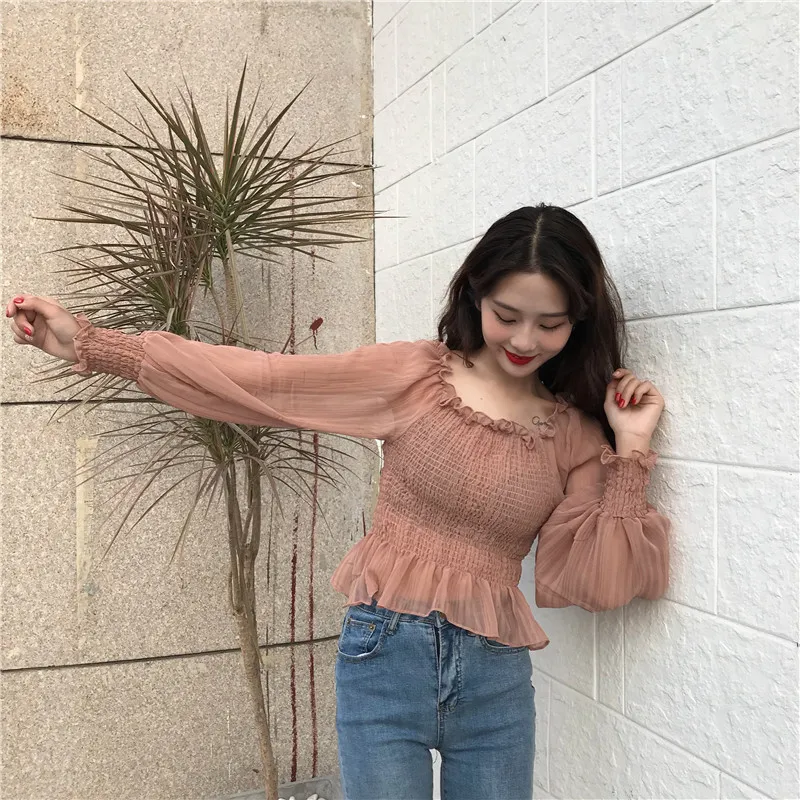 Shirts Women Slash Neck Lace Full Short Simple Elegant Ladies Korean Style Shirt Womens Slim Soft Chiffon Lantern Sleeve Shirt