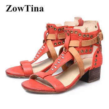 

Women Red Leather Sandals Vintage Design Ankle Strap Bohemian Sandalias Femme Studded Ladies Low Heels Beach Summer Shoes Woman