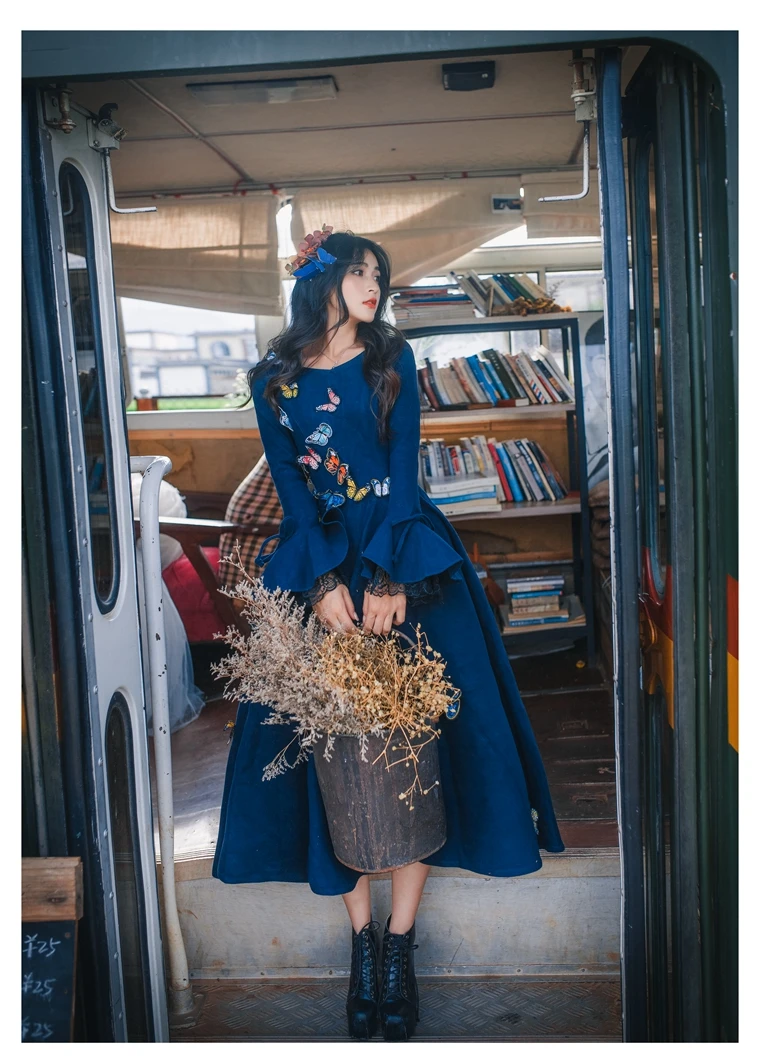 

Free shipping autumn/winter woolen royal navy blue butterfly embroidery lace flare long sleeve dress