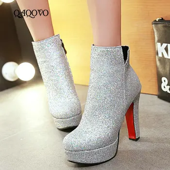 

Shining Sequined Ankle Boots Women Platform Square Super High Heels Booties Spring Autumn Fashion Zipper Boots Shoes Big Size 43