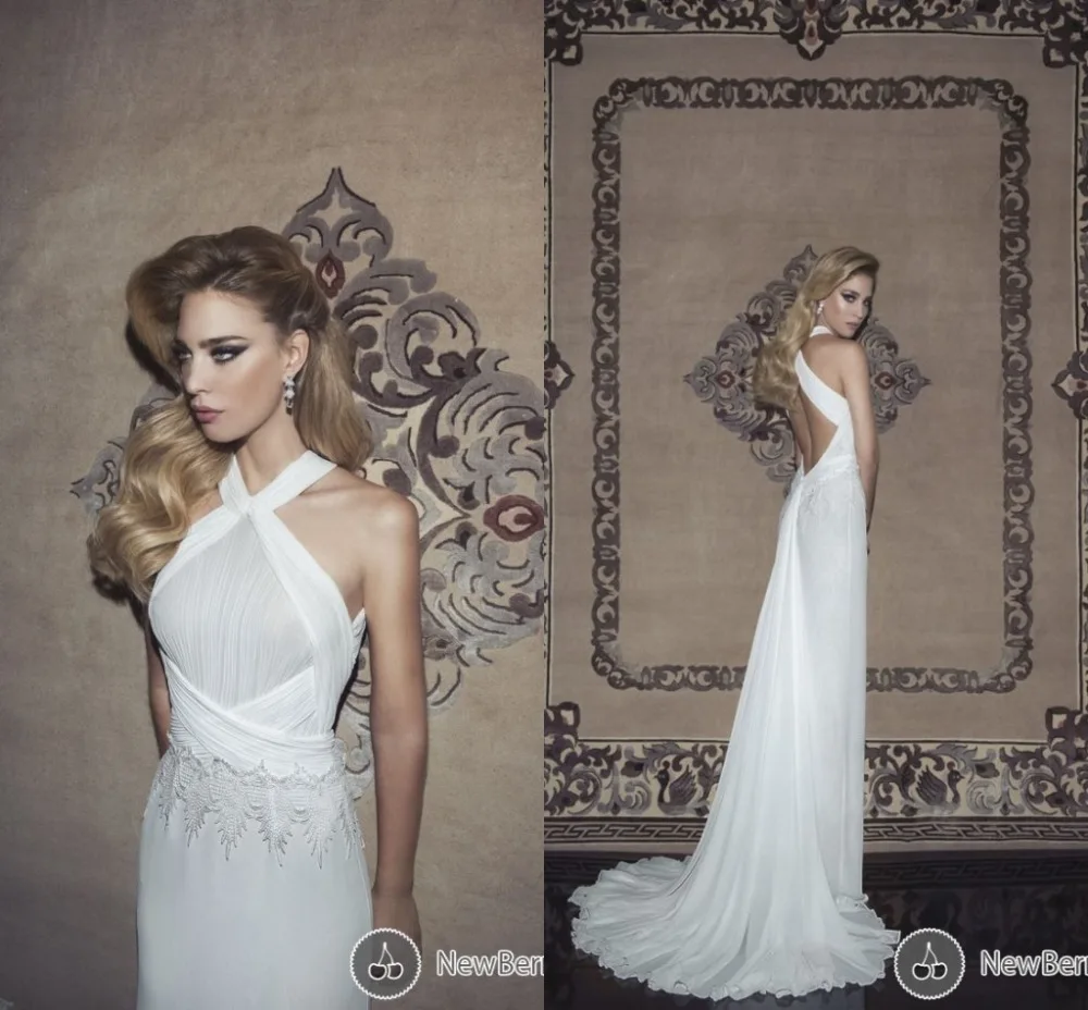 White Simple Wedding Dress Halter Appliques Pleat Backless Mermaid Dresses Chiffon Floor Length Sleeveless Romantic | Свадьбы и